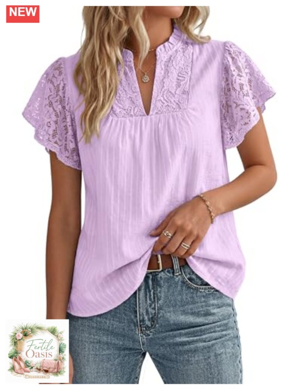 Womens Lace Short Sleeve Cotton Blouse V Neck Flowy Dressy Casual Top